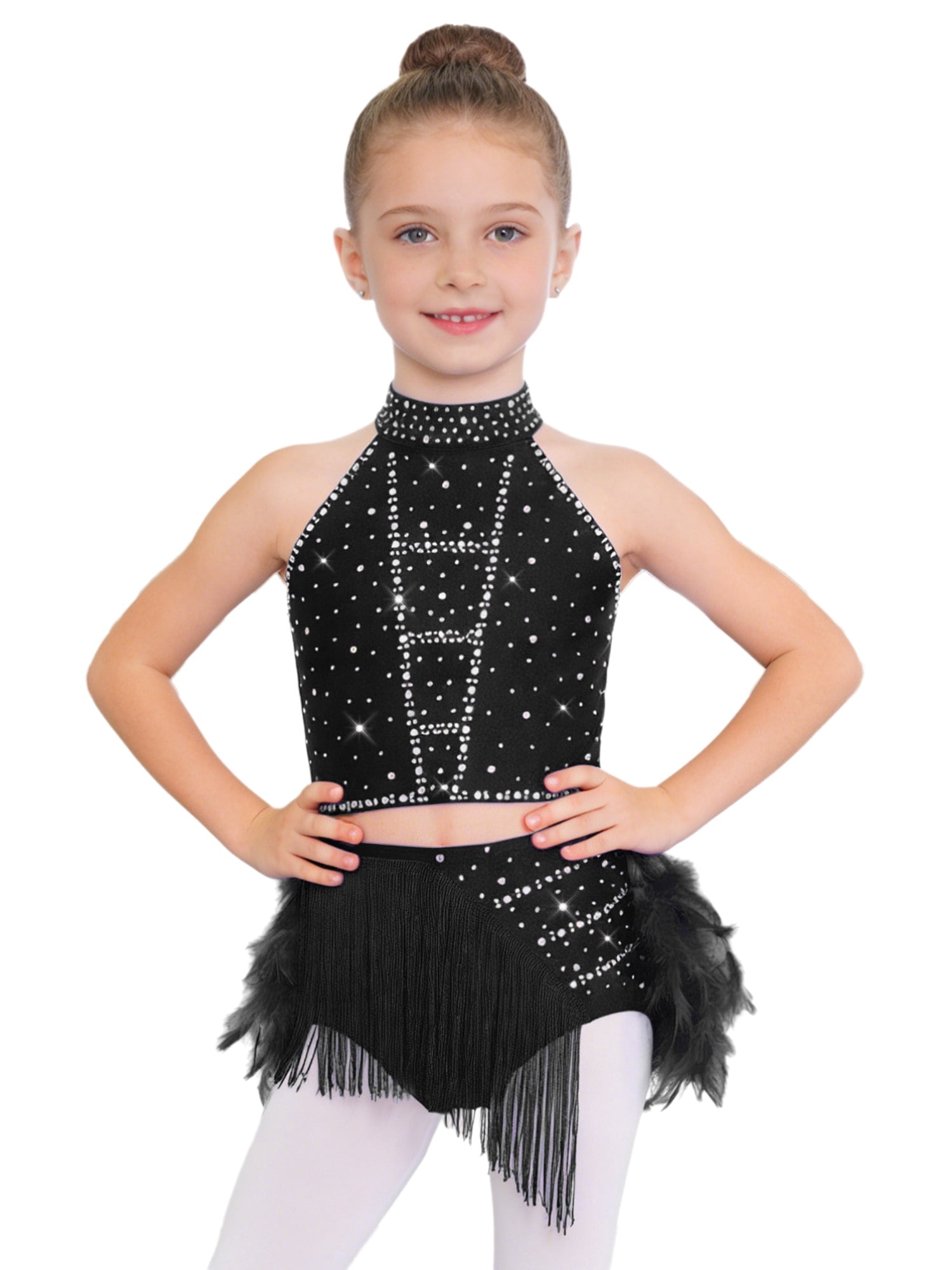 Choomomo Kids Girls Latin Dance Outfits Sparkly Halter Neck Crop Top ...