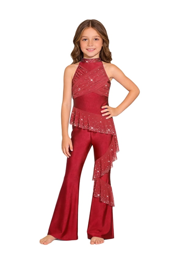 Kids Girls Lyrical Dance Bodysuit Jumpsuit Flare Bell Bottom Pants Rhinestones Mesh Gymnastics Leotard Burgundy 6
