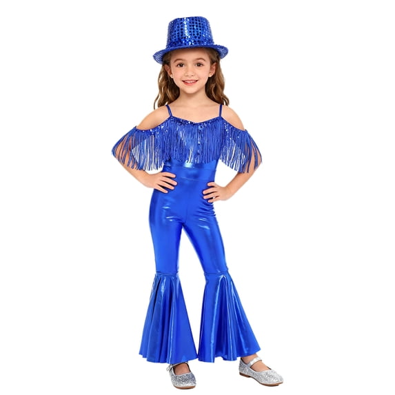 Choomomo Kids Girls Metallic Flared Pants Jumpsuit Spaghetti Straps Hippie Dance Full Body Unitard and Hat for Performance Royal Blue 8