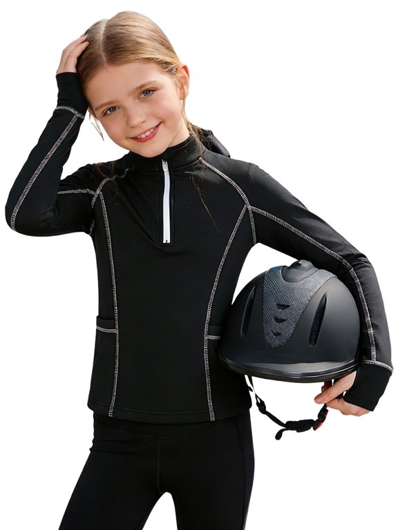 Kids Girls Workout Sweatshirts Base Layer Tops 1/4 Zipper Shirts for Equestrian Class Black 4