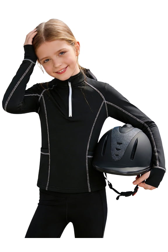 Kids Girls Workout Sweatshirts Base Layer Tops 1/4 Zipper Shirts for Equestrian Class Black 4