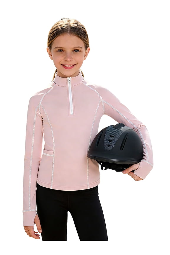 Kids Girls Workout Sweatshirts Base Layer Tops 1/4 Zipper Shirts for Equestrian Class Pink 4