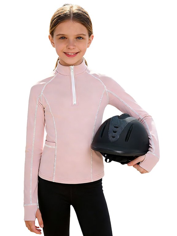 Kids Girls Workout Sweatshirts Base Layer Tops 1/4 Zipper Shirts for Equestrian Class Pink 4