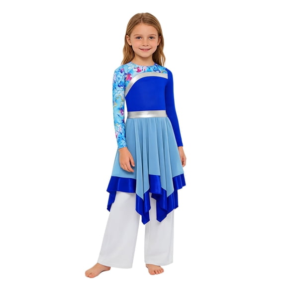 Choomomo Kids Girls Worship Praise Dance Outfit Camouflage Printed Irregular Liturgical Dress with Wide Leg Pants Blue White 10