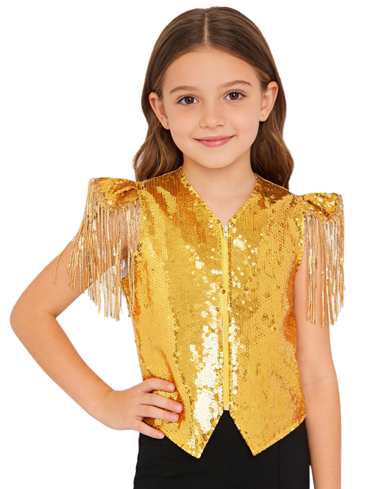 Choomomo Kids Sequins Jazz Dance Vest Fringe Cap Sleeve Hip Hop Dance ...