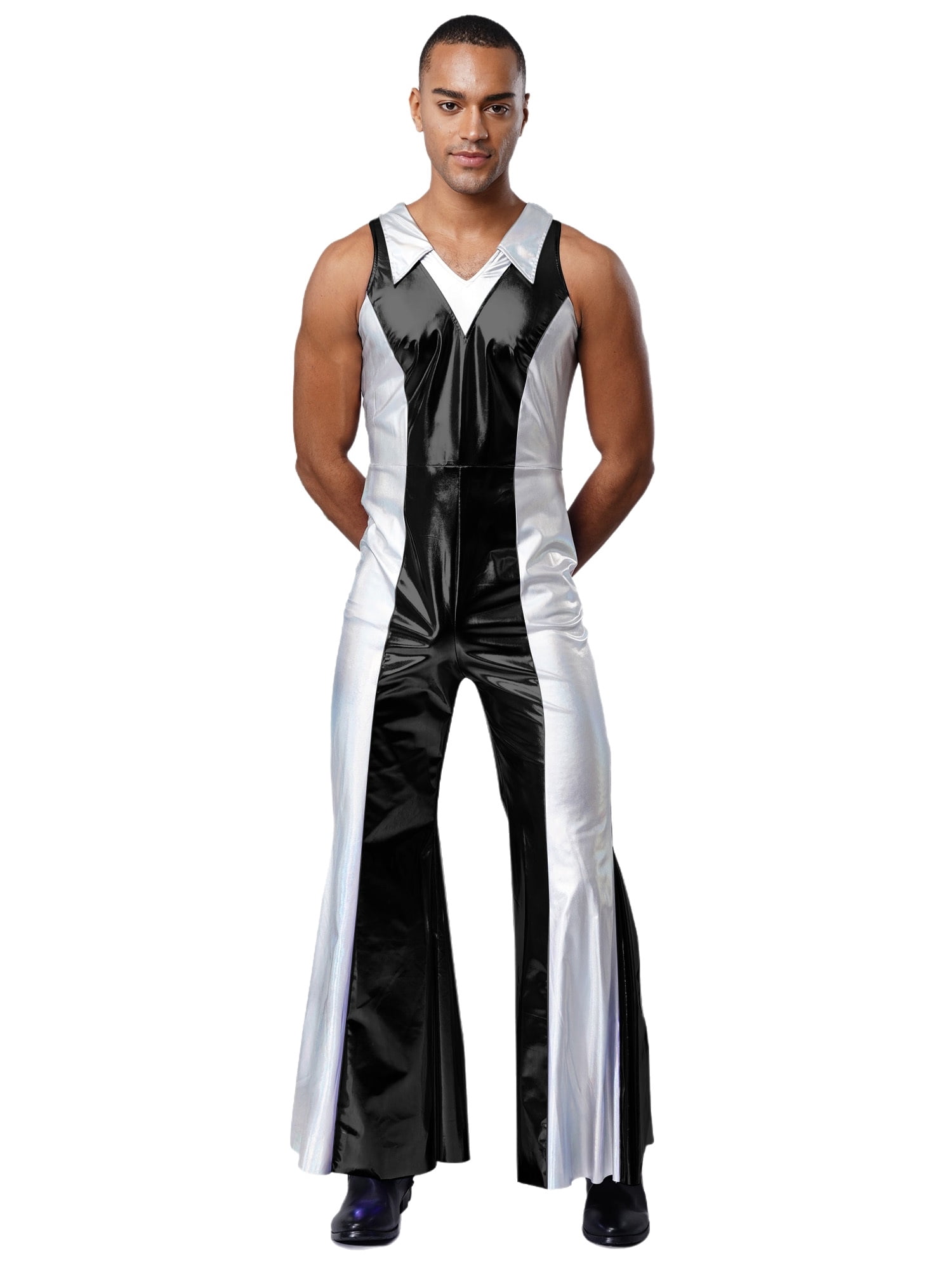Choomomo Men's 70s 80s Disco Prom Jumpsuit Lapel V-Neck Metallic Shiny ...