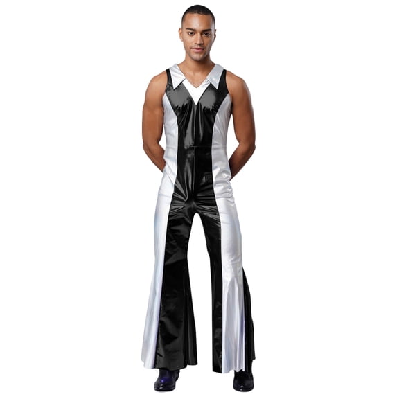Choomomo Men's 70s 80s Disco Prom Jumpsuit Lapel V-Neck Metallic Shiny Flared Long Pants Romper Black XXL