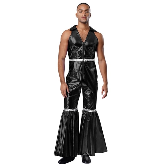 Choomomo Men's 70s Disco Rave Outfits Bodysuit Shiny Metallic Zentai Hippies Jumpsuits for Party Black M