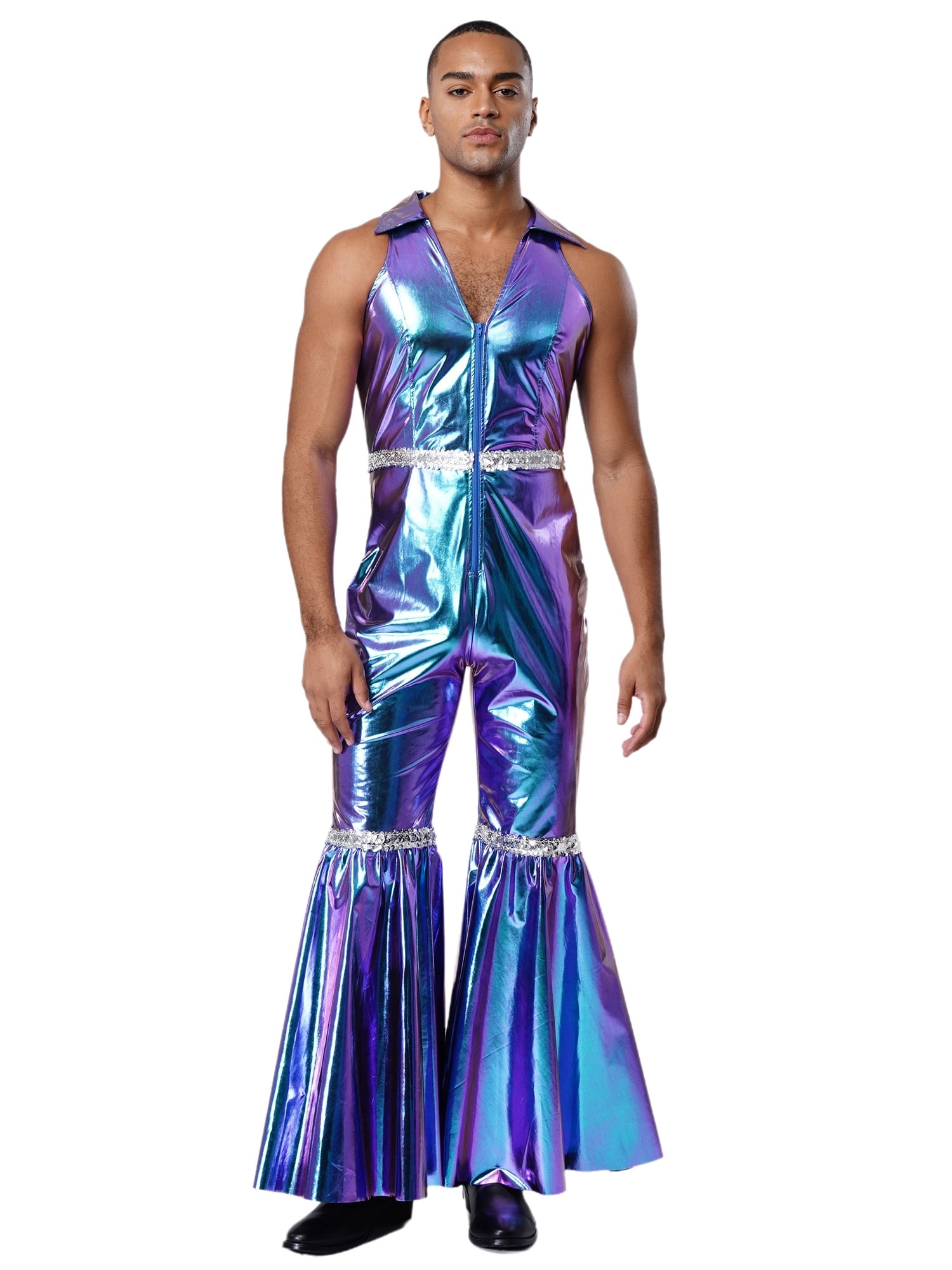 70s Raves Choomomo Men's 70s Disco Rave Outfits Bodysuit Shiny Metallic Zentai ...
