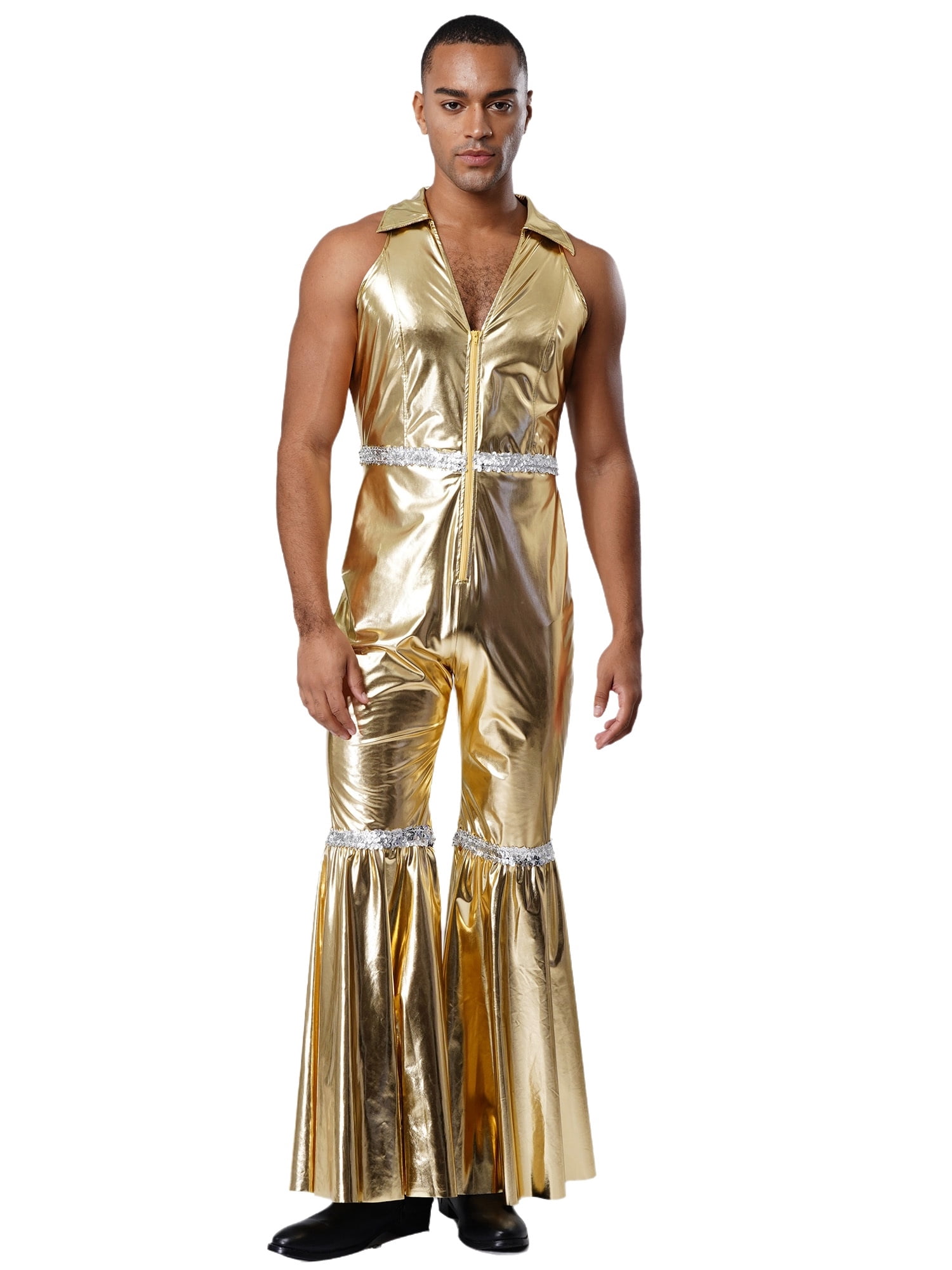 70s Raves Choomomo Men's 70s Disco Rave Outfits Bodysuit Shiny Metallic Zentai ...