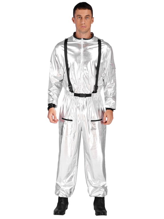 Men's Astronaut Alien Space Suit Metallic Shiny Mock Neck Long Sleeve Jumpsuits Outfits Silver S