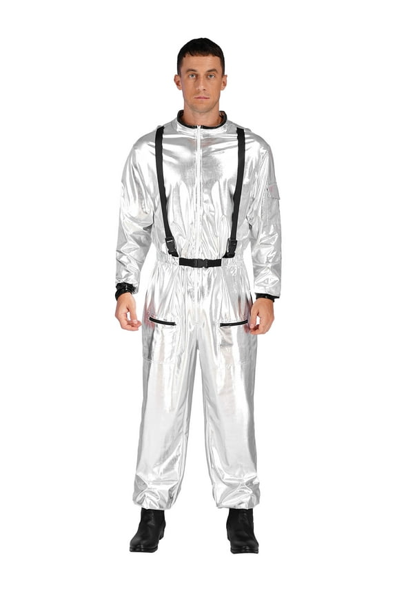 Men's Astronaut Alien Space Suit Metallic Shiny Mock Neck Long Sleeve Jumpsuits Outfits Silver S