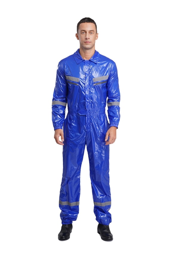 Men's Front Zip Coveralls Waterproof Reflective Long Sleeve Spray Paint Workwear Jumpsuit Royal Blue XL
