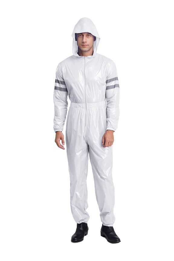 Men's Hooded High Visibility Coveralls Water Resistant Reflective Strips Long Sleeve Jumpsuit White M