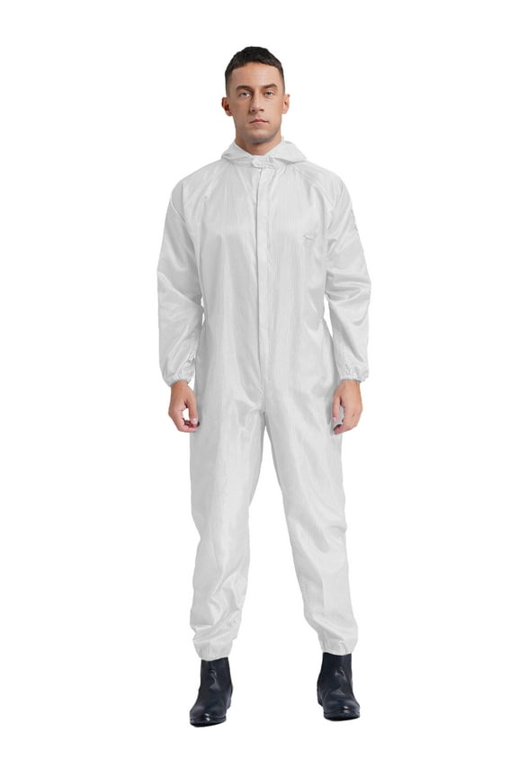 Men's Long Sleeve One Piece Work Coveralls Uniform Jumpsuit Hooded Mechanics Workwear White L