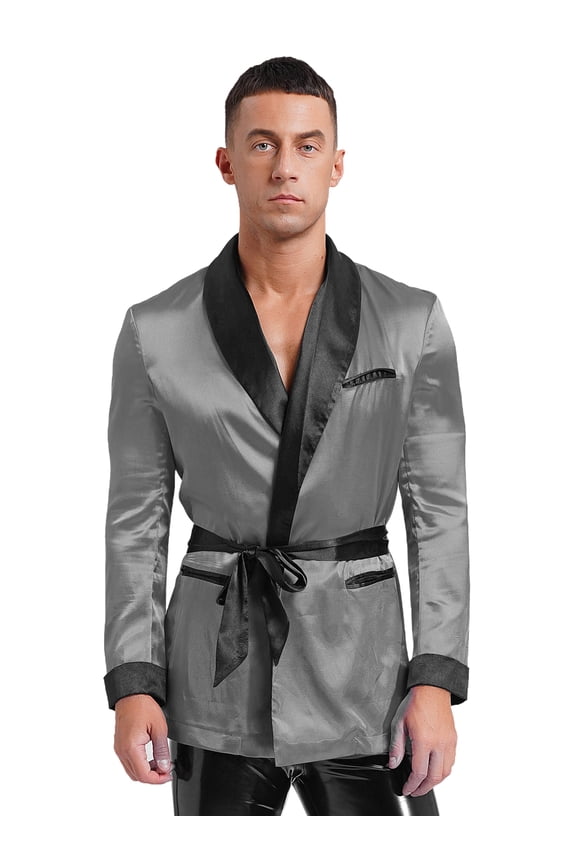 Men's Satiny Smoking Jacket Robe Lightweight Dinner Jacket Cigar Jacket Host Wear Blazer Gray M