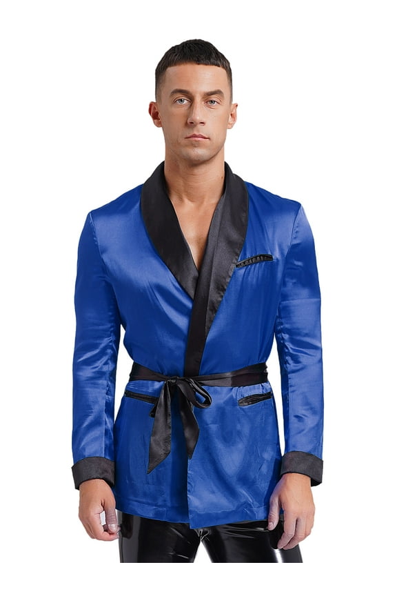 Men's Satiny Smoking Jacket Robe Lightweight Dinner Jacket Cigar Jacket Host Wear Blazer Royal Blue M