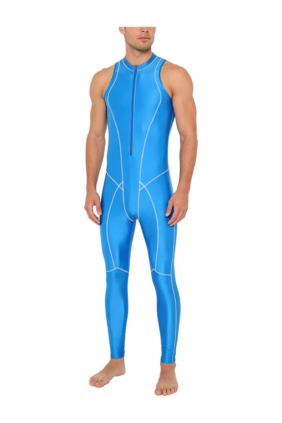 Mens Glossy Stretchy Sleeveless Leotard Rash Guard Oil Shiny Unitard Bathing Suits Blue S