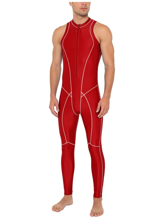 Mens Glossy Stretchy Sleeveless Leotard Rash Guard Oil Shiny Unitard Bathing Suits Red M