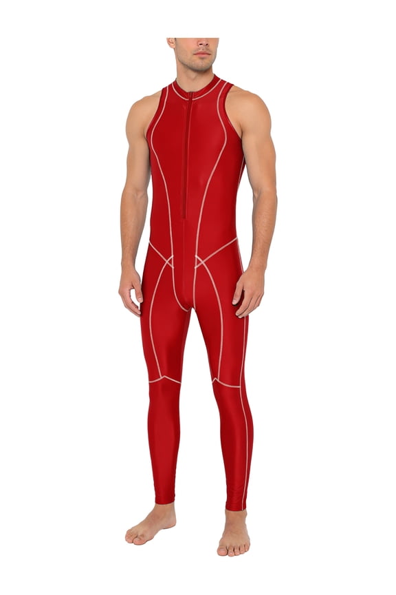 Mens Glossy Stretchy Sleeveless Leotard Rash Guard Oil Shiny Unitard Bathing Suits Red S