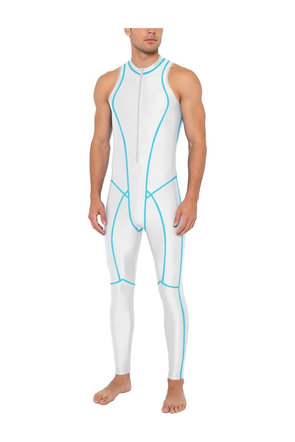 Mens Glossy Stretchy Sleeveless Leotard Rash Guard Oil Shiny Unitard Bathing Suits White S