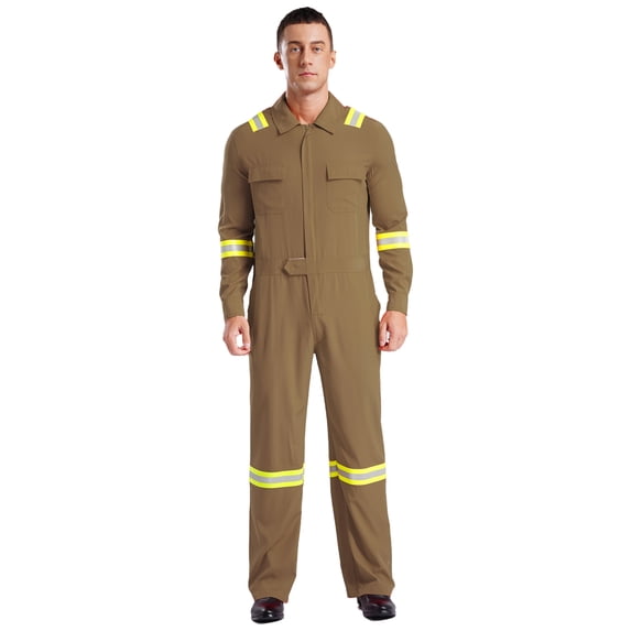 Choomomo Mens High Visibility Reflective Stripes Long Sleeve Zipper Jumpsuits Work Coveralls with Pockets Khaki M