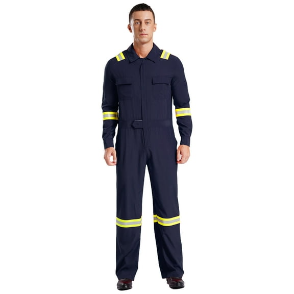 Choomomo Mens High Visibility Reflective Stripes Long Sleeve Zipper Jumpsuits Work Coveralls with Pockets Navy Blue 3XL