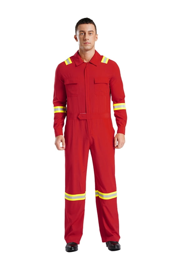 Mens High Visibility Reflective Stripes Long Sleeve Zipper Jumpsuits Work Coveralls with Pockets Red 3XL