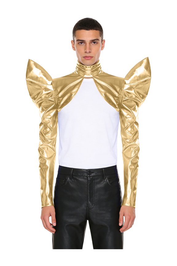 Mens Vintage Long Sleeve Armor Shrug Crop Top Shiny Metallic Open Front Warrior Armour Gold M