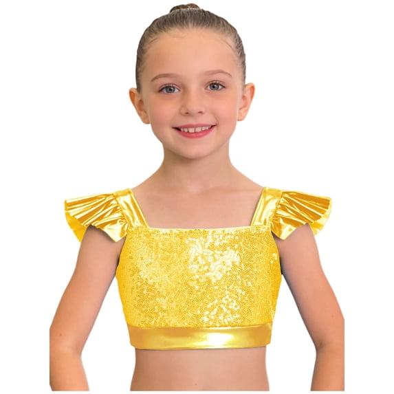 Choomomo Sequin Flutter Sleeve Dance Crop Top for Girls Square Neck Sparkly Dance Top for Stage Show & Recital Gold 14