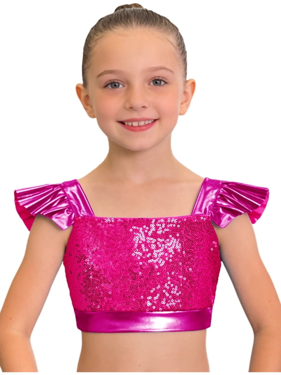 Sequin Flutter Sleeve Dance Crop Top for Girls Square Neck Sparkly Dance Top for Stage Show & Recital Hot Pink 12