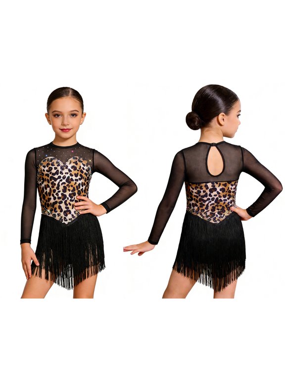 Tassel Leotard for Girls Dancing Outfits Leopard Print Latin Dance Dress Samba Cha Cha Competition Fringe Skirt Black 10