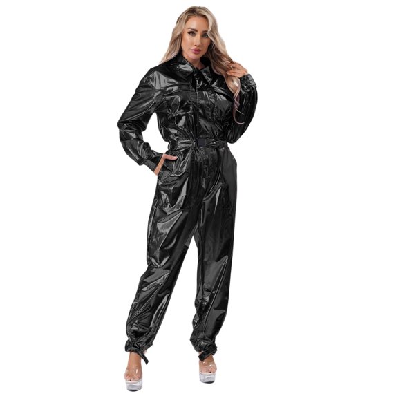 Choomomo Women Alien Outfits One-piece Rompers Dancewear Shiny Metallic Unitard Jumpsuit Clubwear Black XXL
