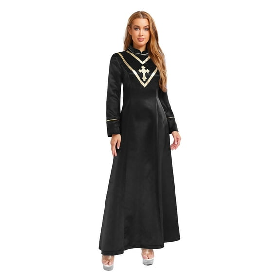Choomomo Women Minister Preacher Church Clergy Robe Long Sleeve Cross Metallic Shiny Tunic Dress for Performance Black S