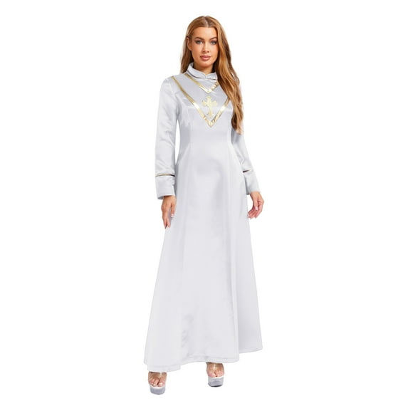 Choomomo Women Minister Preacher Church Clergy Robe Long Sleeve Cross Metallic Shiny Tunic Dress for Performance White XXL