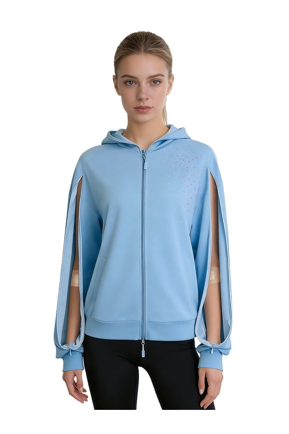 Women's Arm Zipper Dialysis Hoodie Full-Zip Rhinestones Casual Hooded Sweatshirt with Pockets Blue S