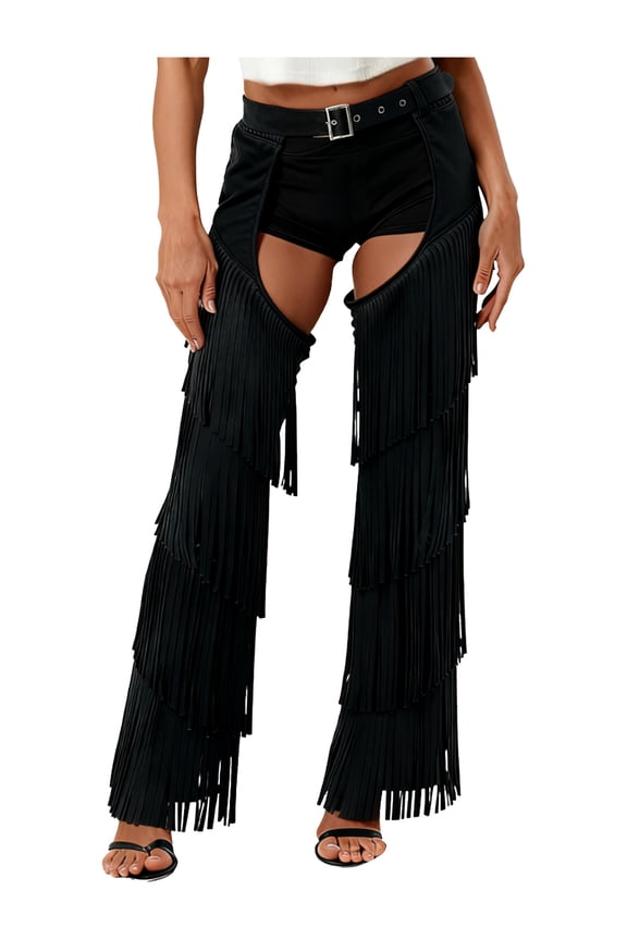 Women's Cowboy Chaps Tassel Adjustable Waist Cutout Chaps Trousers for Rave Party Black S