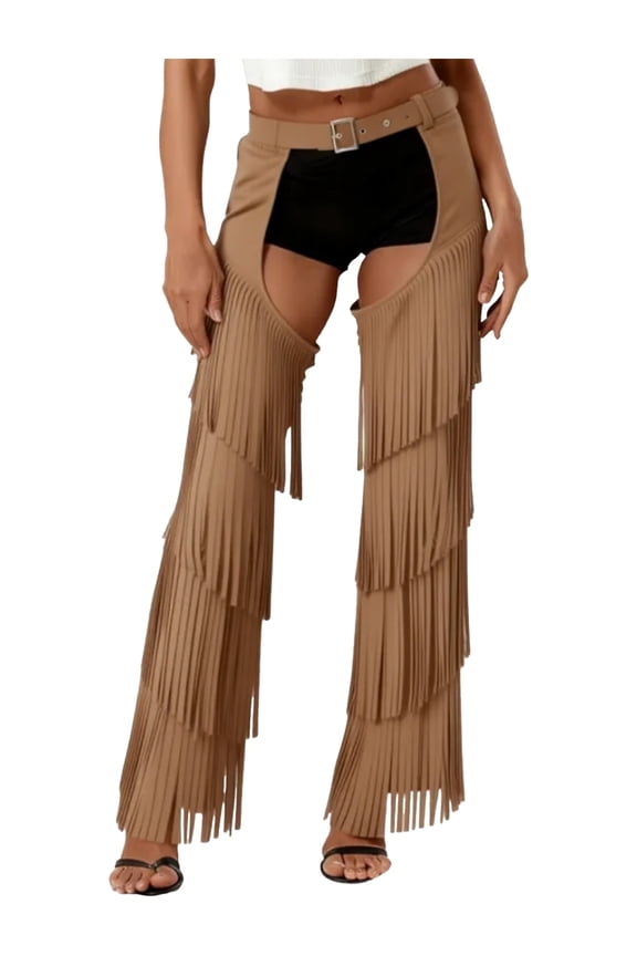 Women's Cowboy Chaps Tassel Adjustable Waist Cutout Chaps Trousers for Rave Party Brown M