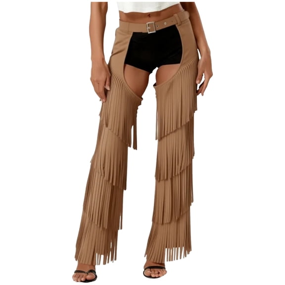 Choomomo Women's Cowboy Chaps Tassel Adjustable Waist Cutout Chaps Trousers for Rave Party Brown XL