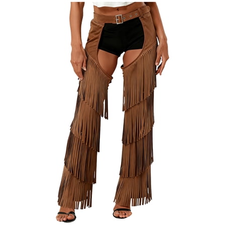 Choomomo Women's Cowboy Chaps Tassel Adjustable Waist Cutout Chaps Trousers for Rave Party Dark Brown XL
