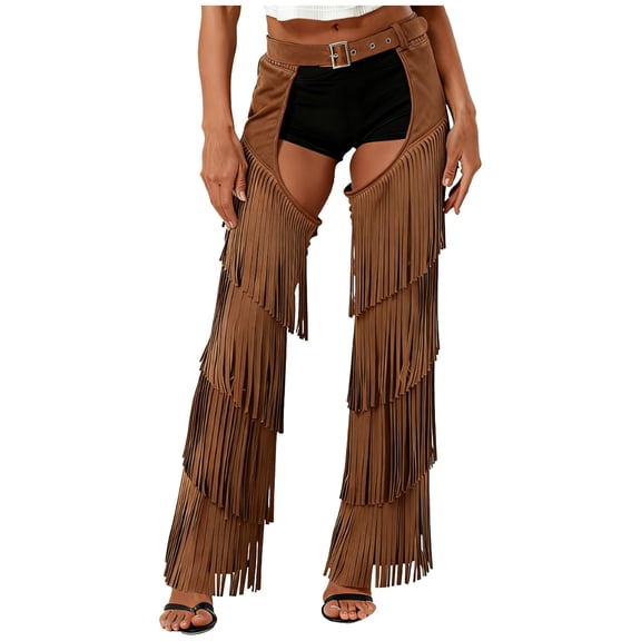 Choomomo Women's Cowboy Chaps Tassel Adjustable Waist Cutout Chaps Trousers for Rave Party Dark Brown XL