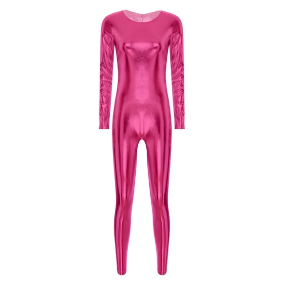 Choomomo Women's Metallic Leotard Slim Fit Stretch Full Body Suit One-Piece Fitness Yoga Jumpsuit Hot Pink 3XL