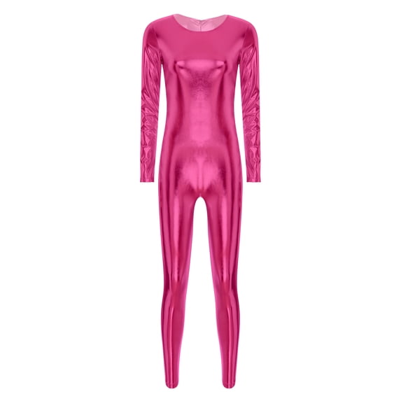 Choomomo Women's Metallic Leotard Slim Fit Stretch Full Body Suit One-Piece Fitness Yoga Jumpsuit Hot Pink M