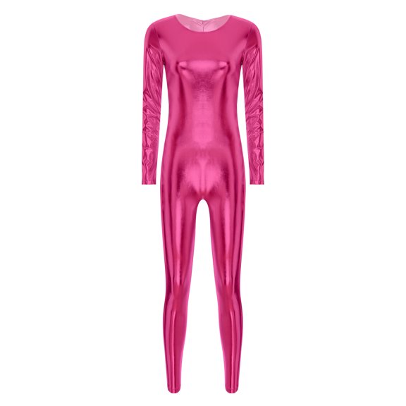 Choomomo Women's Metallic Leotard Slim Fit Stretch Full Body Suit One-Piece Fitness Yoga Jumpsuit Hot Pink S