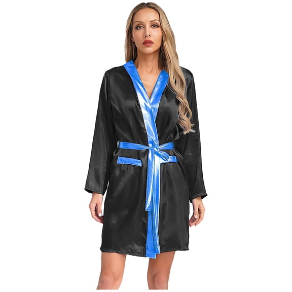 Choomomo Women's Satiny Wrestler Gear Fight Boxing Robe Long Sleeve Hooded Robe Loose Kimono with Belt Black&Blue 14