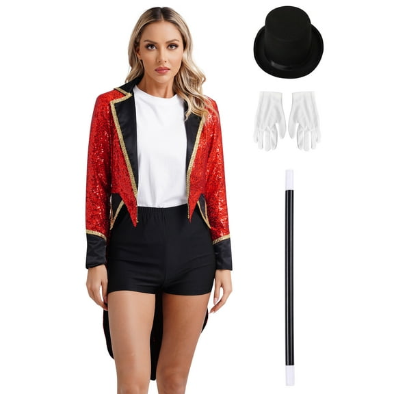 Choomomo Women's Sequins Magician Jacket Cos Playing Outfits Set with Magician Top Hat Gloves Wand Red XXL