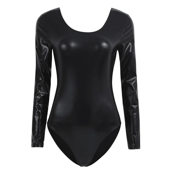 Choomomo Women's Shiny Long Sleeve Ballet Dance Leotard Body Metallic Gymnastics Unitard Dance Wear Black XXL