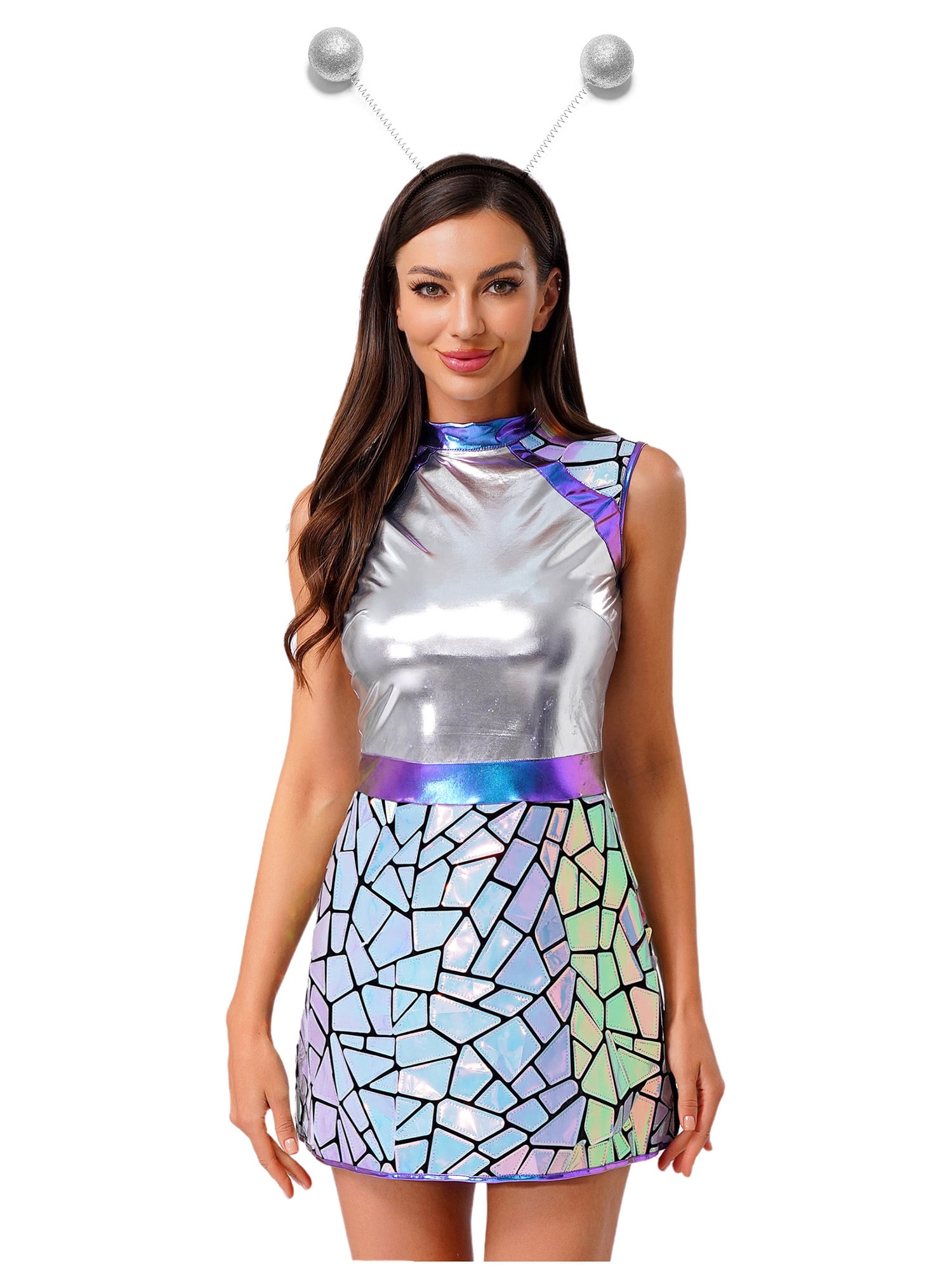 Choomomo Women's Shiny Metallic Alien Outfits Set Futuristic Skater ...