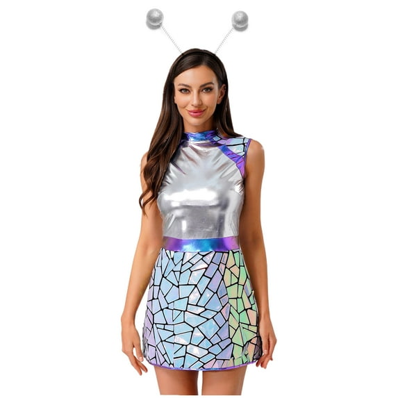 Choomomo Women's Shiny Metallic Alien Outfits Set Futuristic Skater Dress Robot Outfits for Party Silver XL