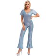 thumbnail image 1 of Choomomo Women's Shiny Metallic Bell-Bottom Dance Jumpsuit Casual Playsuit Retro Disco Party Outfits Blue 160, 1 of 4
